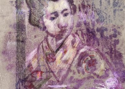 Monotypie und Buntstift auf Papier, Geisha